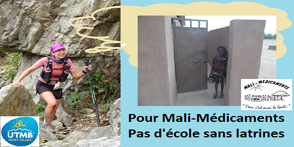 Montage représentant Noémia en course en montagne, elle regarde vers, elle a une pensée (symbolisée par un nuage) des latrines avec une petite fille malienne tenant son broc d'eau. Logos UTMB et Mali-médicaments. Slogan "Pour Mali-Médicaments pas d'école sans latrines"